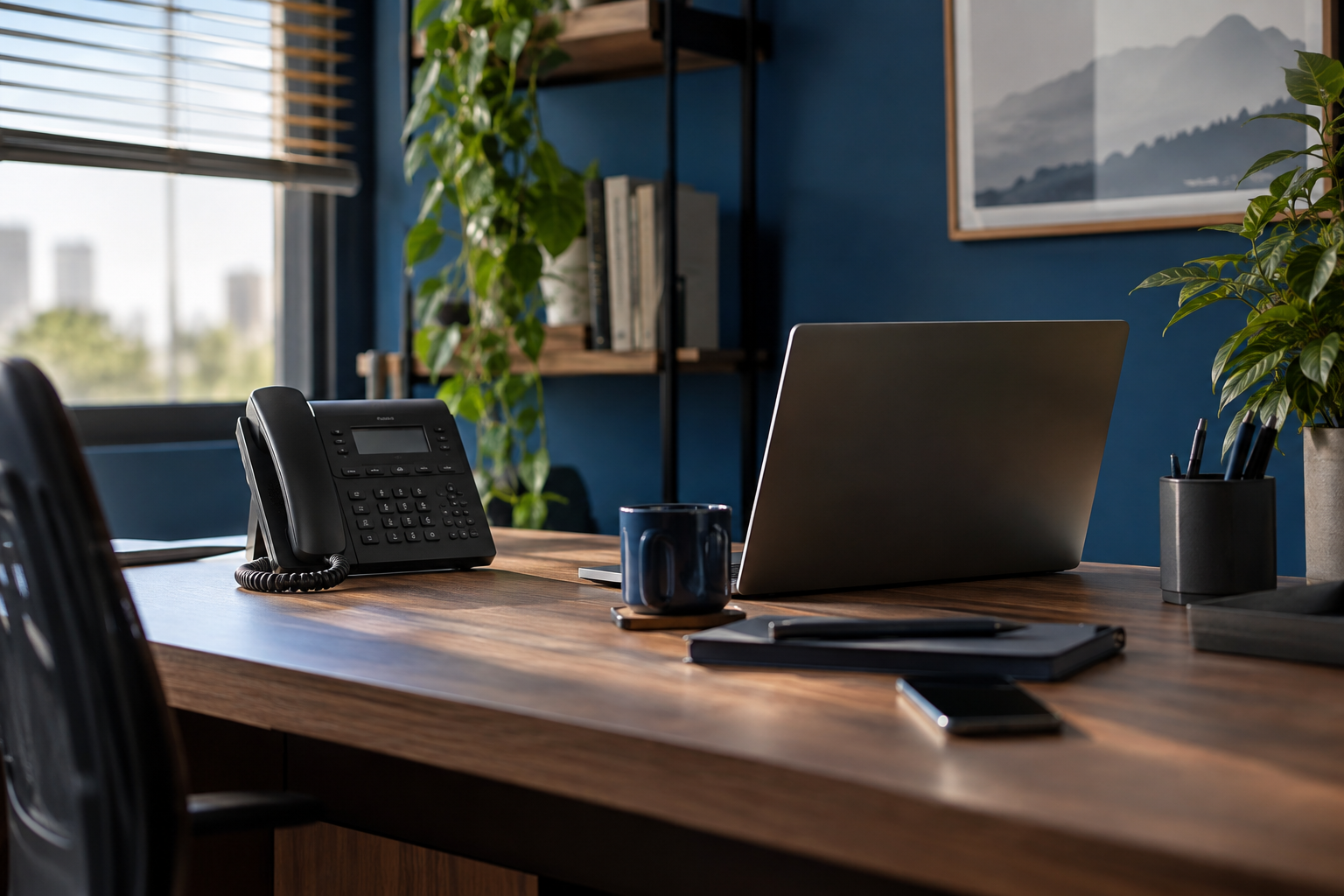 Ambiente de trabalho com telefone e notebook; imagem ilustrativa